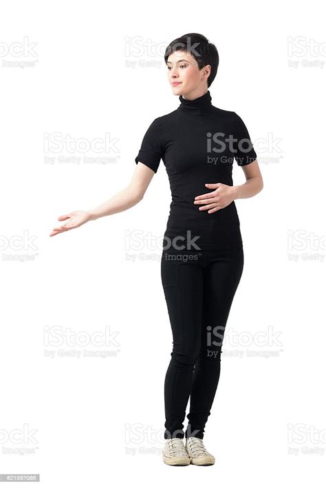 Elegant Pretty Short Hair Woman Inviting Hand Gesture Looking Down