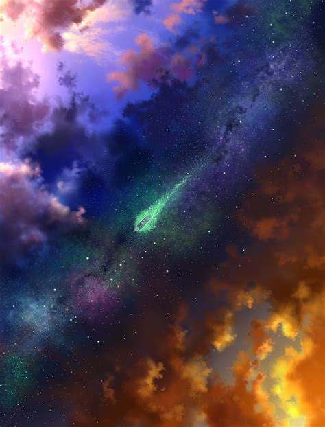 Wallpaper Fantasy World Two Dimension Stars And Clouds Boat