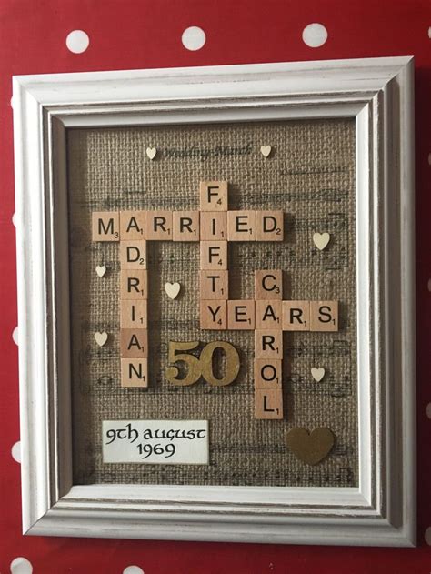 With our help finding perfect golden wedding anniversary gifts will be a piece of cake. Scrabble tiles Golden wedding 50th Anniversary gift #50th ...