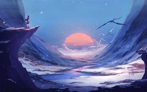 Wallpaper Fantasy World Cliff Scenic Anime Boy Landscape Snow