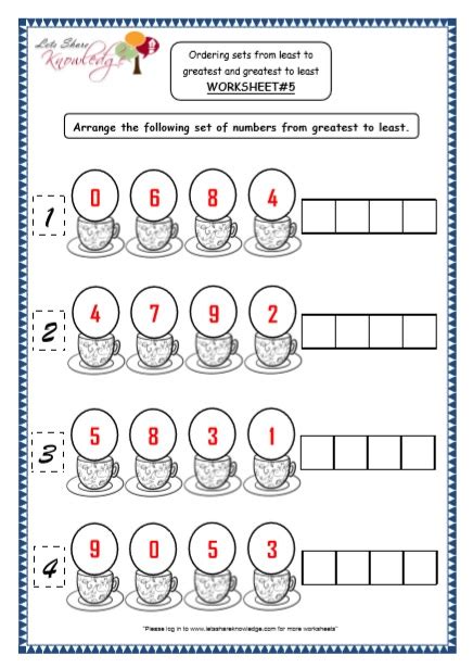 Kindergarten Ordering Numbers Worksheets
