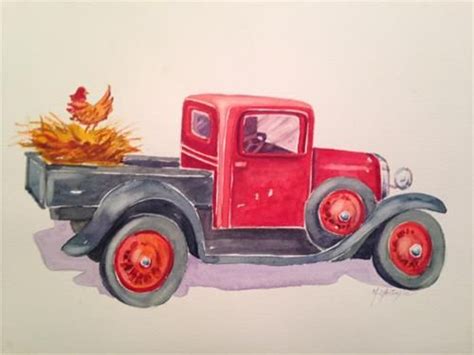 A Watercolor Painting Of An Old Red Truck With Pumpkins In The Back Seat