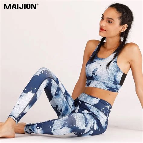 Maijion Print Fitness Yoga Sets Women Slim Elastic Running Exercise Suits Sportswear Ladies