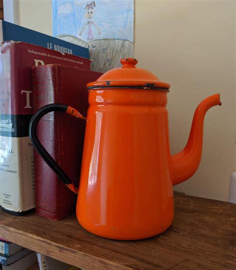 Vintage Orange Enamel Decorative Tea Kettle Cute And Etsy