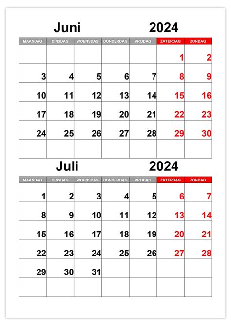 Kalender Juni Juli 2024