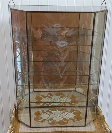 Vtg Brass Etched Glass Mirrored Back Curio Display Cabinet Wall Table Case 20 T Glass Mirror