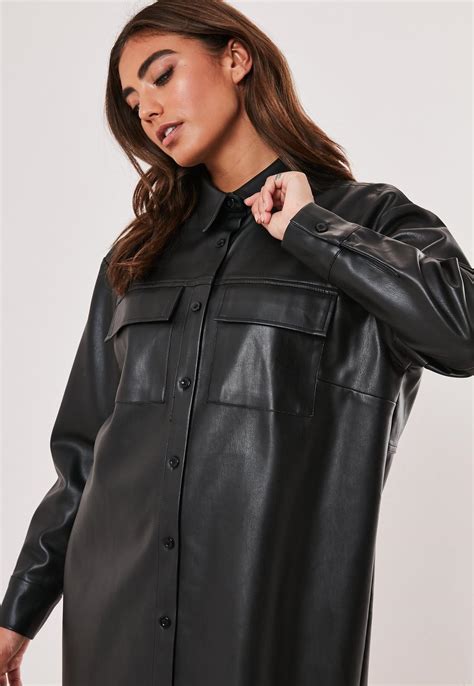 Black Faux Leather Oversized Shirt Dress Missguided