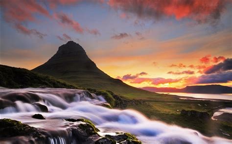 Iceland Kirkjufell Mountain Waterfall Morning Sunrise Hd