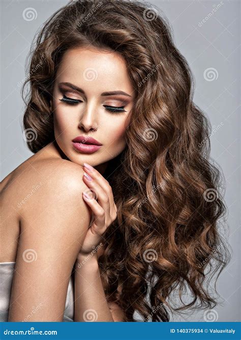 Face Of A Beautiful Woman With Long Brown Hair Stock Photo Image Of