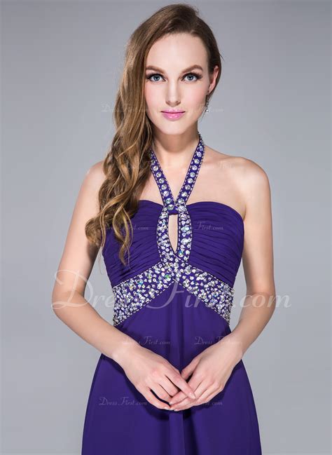 Empire Halter Sweep Train Chiffon Prom Dresses With Beading Sequins