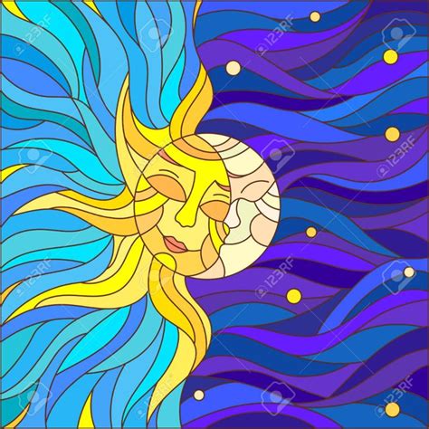 Illustration In Stained Glass Style Abstract Sun And Moon In The Sky