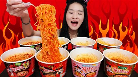 Super Spicy Fire Noodle Feast Samyang Cup Noodles Carbonara And Curry Ramen Mukbang W Asmr