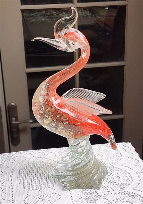 Vintage Murano Italy Art Glass Swan Rooster Flamingo Bird Orange Silver Flake Flecks Bullicante