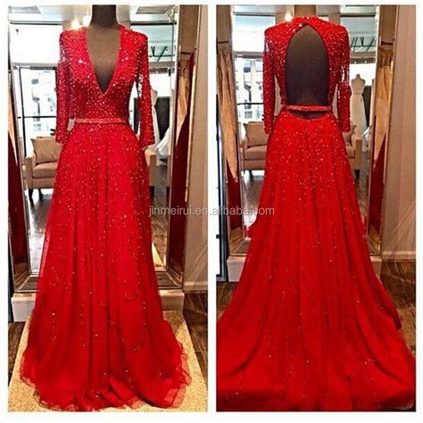 Red Long Sleeves Evening Dresses 2016 Beads Sequins V Neck Open