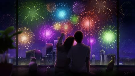 Anime Couple City Night Fireworks 4k 159 Wallpaper Pc Desktop