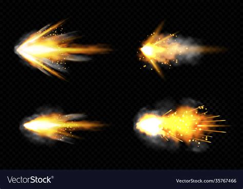 Gun Flashes With Fire And Smoke Pistol Shots Set Vector Image