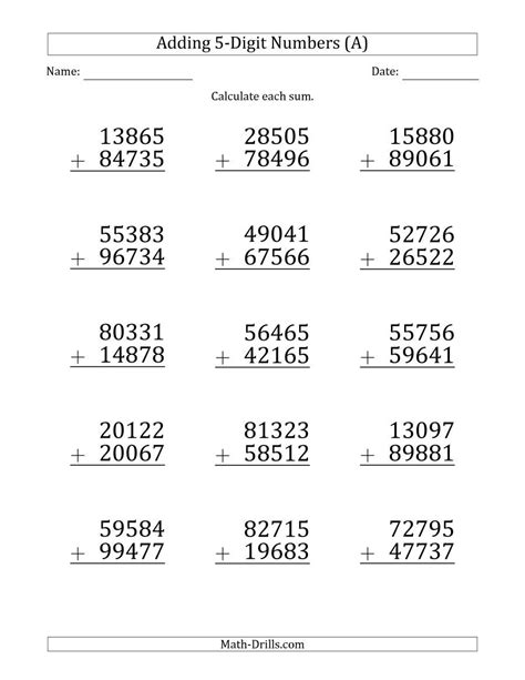 The Large Print 5 Digit Plus 5 Digit Addition With Some Regrouping A