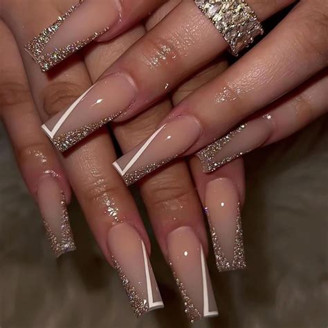 FOAMEE Medium Nude Coffin Fake Nails with Sequins Designs - Acrylic