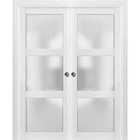 French Double Pocket Doors Frosted Glass 3 Lites Lucia 2552 Matte White Transitional