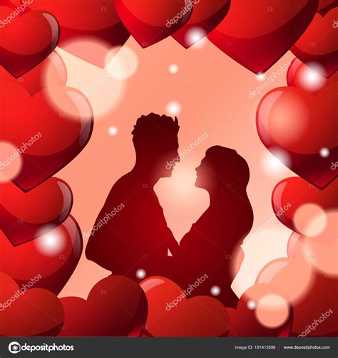 couple embracing over beautiful valentine day background with hearts silhouette man and woman in