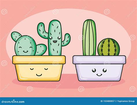 Plantas Del Cactus En Caracteres Del Kawaii De Los Potes Ilustración