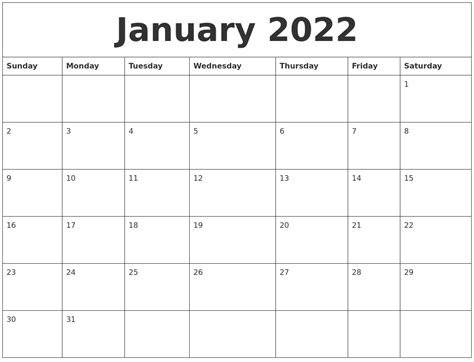 January 2022 Calendar Free Printable January 2022 Printable Blank