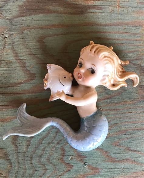 Vintage Norcrest Ceramic Mermaid Holding Fish Wall Plaque Figurine