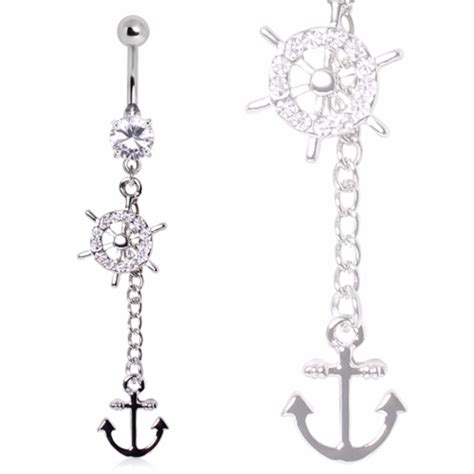 L Surgical Steel Ship Wheel And Anchor Dangle Navel Ring L