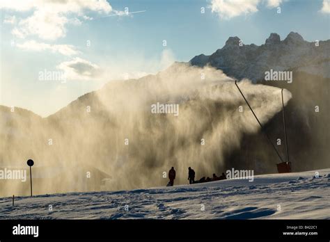 A Plume Of Artificial Snow From Snow Making Equipment In The French