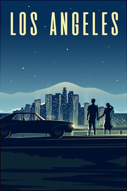 레트로 포스터 세로 그림 라 로스 앤젤레스 남자와 여자는 밤 도시를 봅니다 사랑에 빠진 커플입니다 도시 풍경 프리미엄 벡터