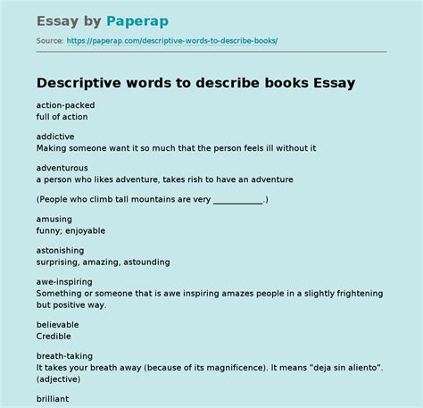 Descriptive Words To Describe Books Book Review Essay Example