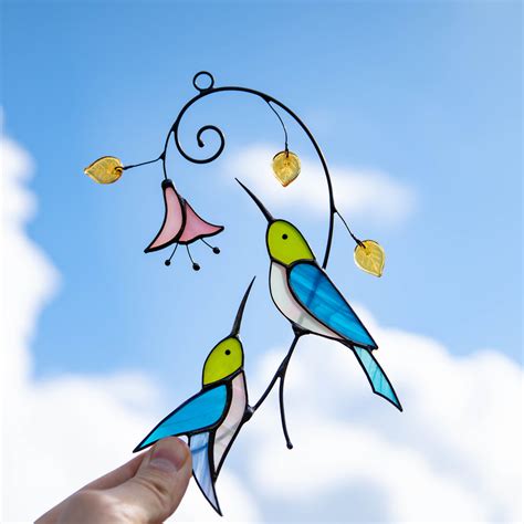 Stained Glass Hummingbirds With Flower Suncatcher For Window Decoration