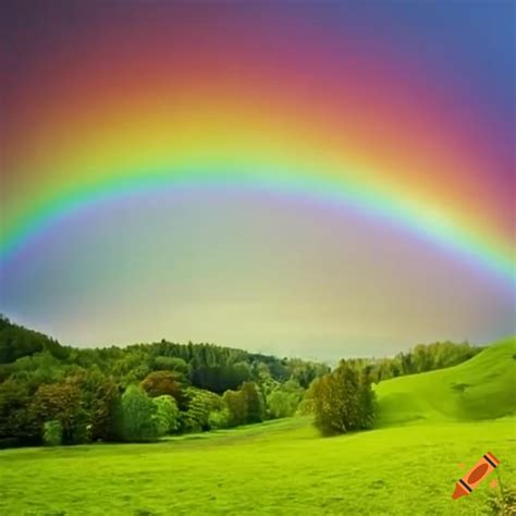 Scenic View Of A Sunny Green Hill With A Rainbow On Craiyon