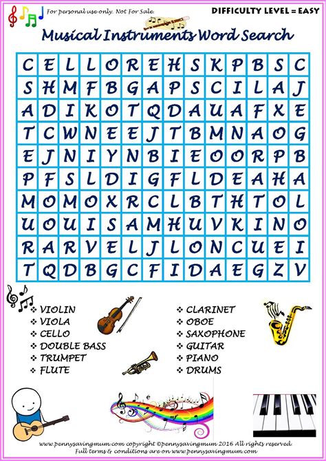 Word Search Musical Instruments Easy Version Pdf Easy Word Search