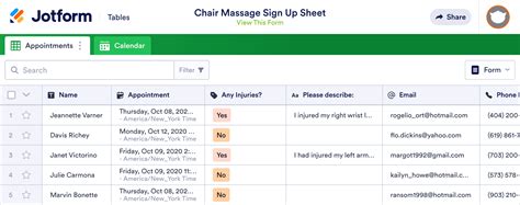 Chair Massage Sign Up Sheet Template Jotform Tables