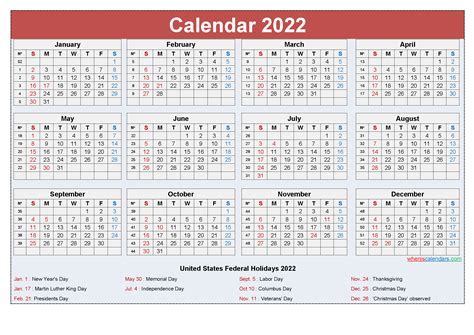 Printable Calendar 2022 With Holidays 6 Templates Images And Photos