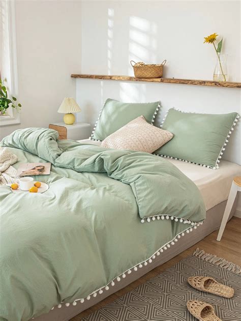 Pom Pom Decor Solid Bedding Set Without Filler | SHEIN USA | Room