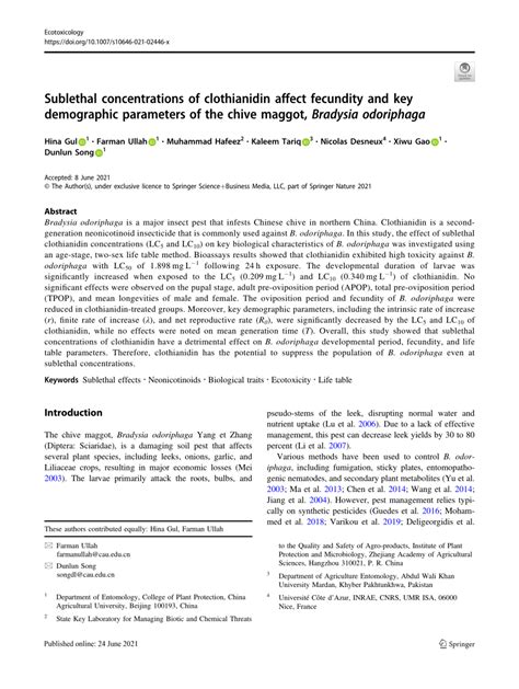 Pdf Sublethal Concentrations Of Clothianidin Affect Fecundity And Key