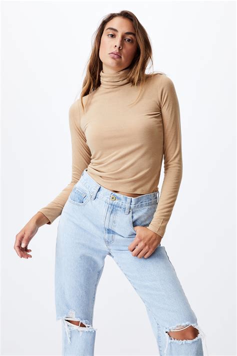 Basic Roll Neck Long Sleeve Top Caramel Brown Cotton On T Shirts