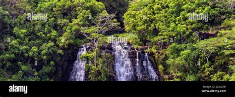 Beautiful Panoramic View Of Opaekaa Waterfalls In Hawaii Island Of