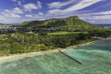 Aerial View Of Waikiki Beach And Diamond Head Mountain Stock Image