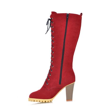 Lace Up Knee High Boots High Heels Zipper Platform Shoes Woman 3299 32