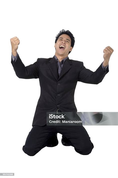 Business Man Kneel Raise Ones Hand Isolated Stock Photo Download