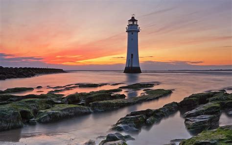 Sea Coast Rocks Sunset Lighthouse Red Sky Wallpaper Travel And