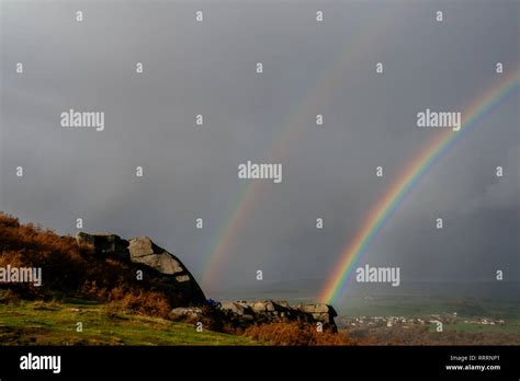 Rainbow Over Yorkshire Moors Uk Stock Photo Alamy