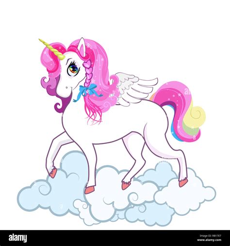 White Pony Unicorn With Big Eyes Golden Horn Feather Wings And Pink