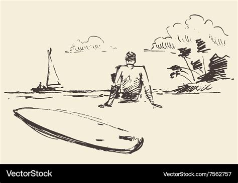 Drawn Man Sitting Beach Surfboard Sketch Vector Image