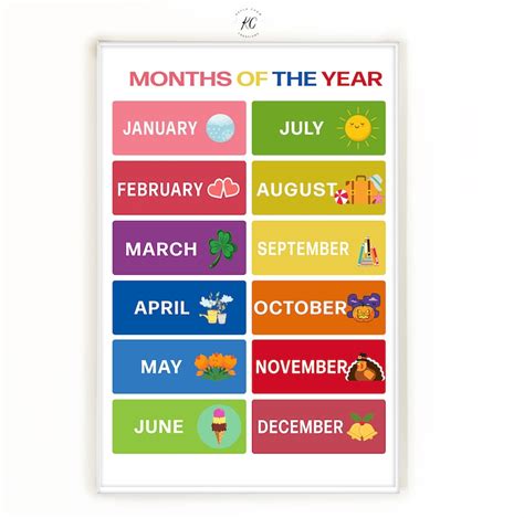 Months Of The Year Printable Poster Nursery Art Preschool Etsy