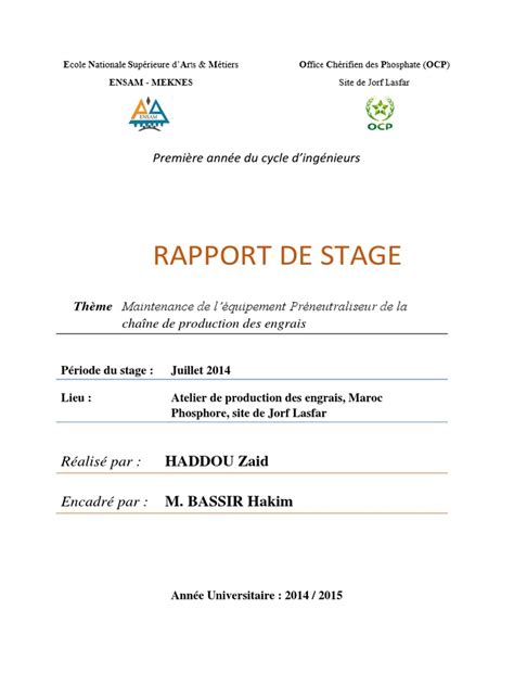 Rapport De Stage Ocp Pdf Chimie Matériaux