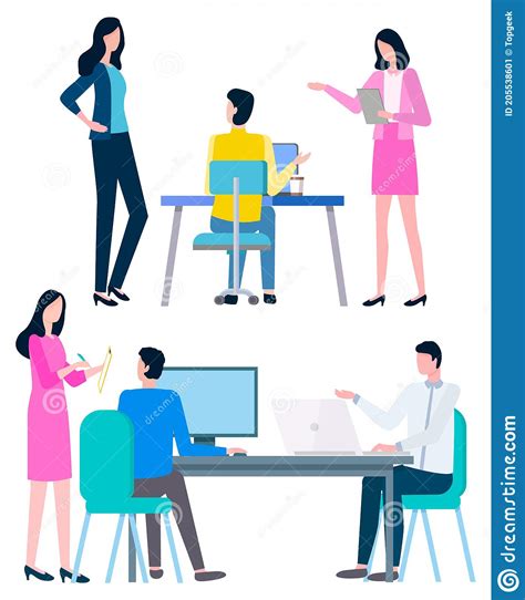Office Worker Sit At Table Discuss Business Issues Stock Vector